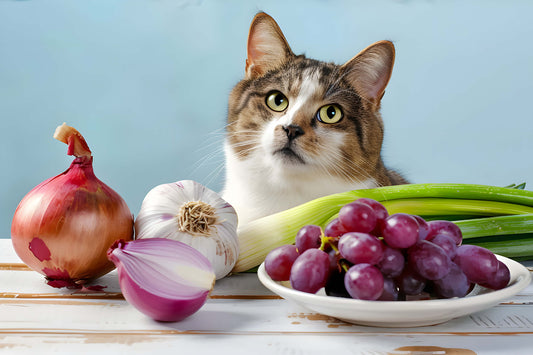 a curious cat is sitting next to a variety of foods that are harmful to pets. 